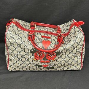 Gucci Boston Joy Tattoo Print Red w/ Blue GG Plus Handbag Bag Purse 189895